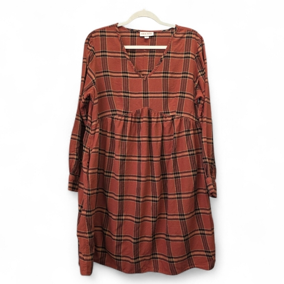 Knox Rose Dresses & Skirts - Knox Rose Terracotta Checkered Long Sleeve Dress Babydoll Mini XL Pockets V Neck